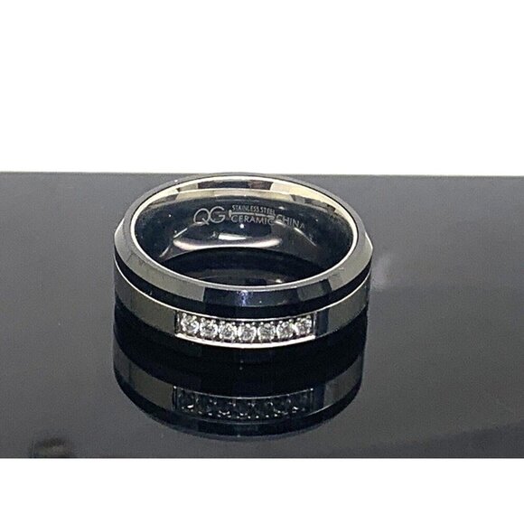 Wedding Band Stainless Steel Ceramic Cubic Zirconia 8mm Unisex Ring Size 9 - Picture 11 of 15